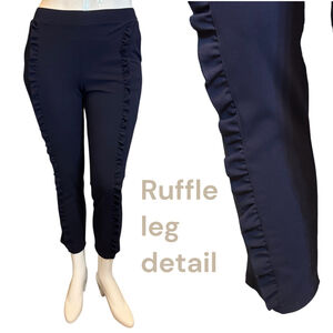 Nina Leonard Navy Ruffle Trim Pull-On Ankle Pants Stretch Elastic Waist, M
